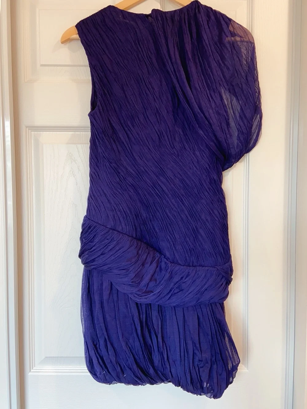 NWT $2298 Tory Burch One-sleeve Draped Silk-plissé Mini Dress In Purple
